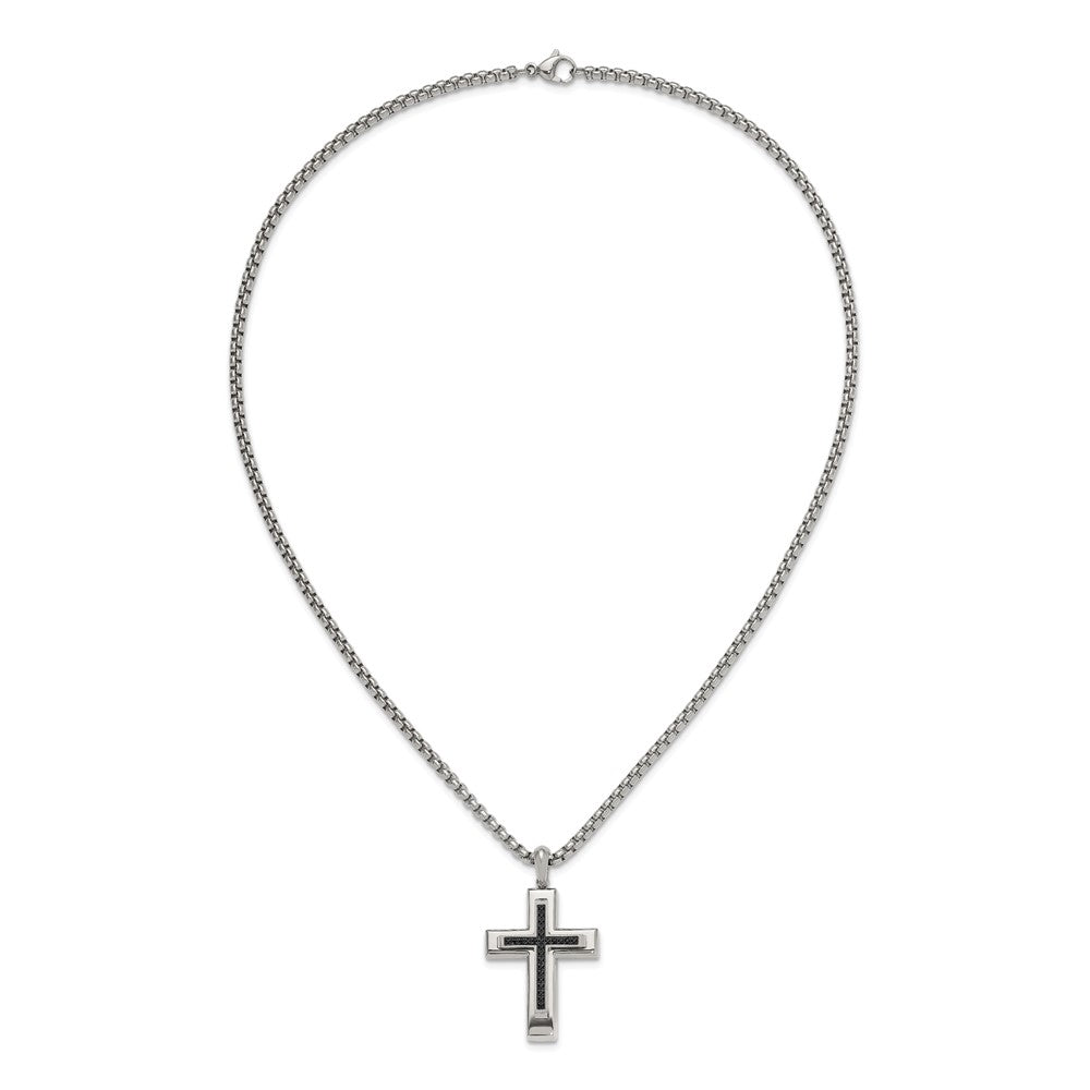 Chisel Stainless Steel Polished with Black CZ Cross Pendant on a 22 inch Box Chain Necklace