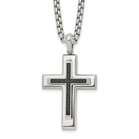 Chisel Stainless Steel Polished with Black CZ Cross Pendant on a 22 inch Box Chain Necklace