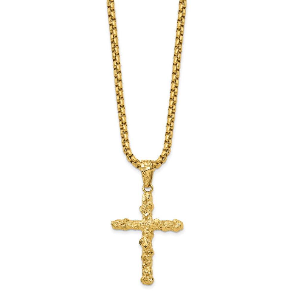 Chisel Stainless Steel Polished and Textured Yellow IP-plated Nugget Cross Pendant on a 22 inch Box Chain Necklace