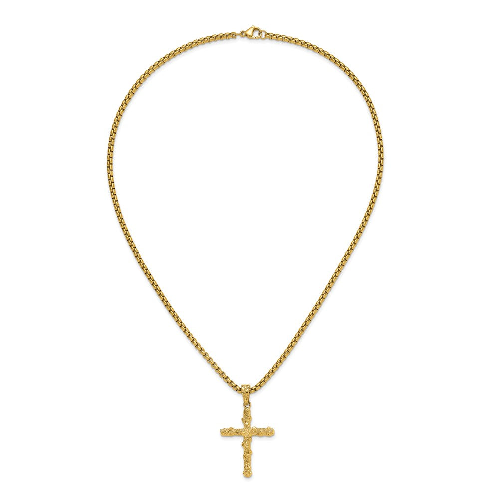 Chisel Stainless Steel Polished and Textured Yellow IP-plated Nugget Cross Pendant on a 22 inch Box Chain Necklace