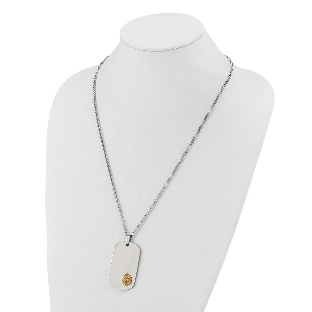 Chisel Stainless Steel Polished with 14K Gold Accent Lion Head Dog Tag on a 24 inch Curb Chain Necklace