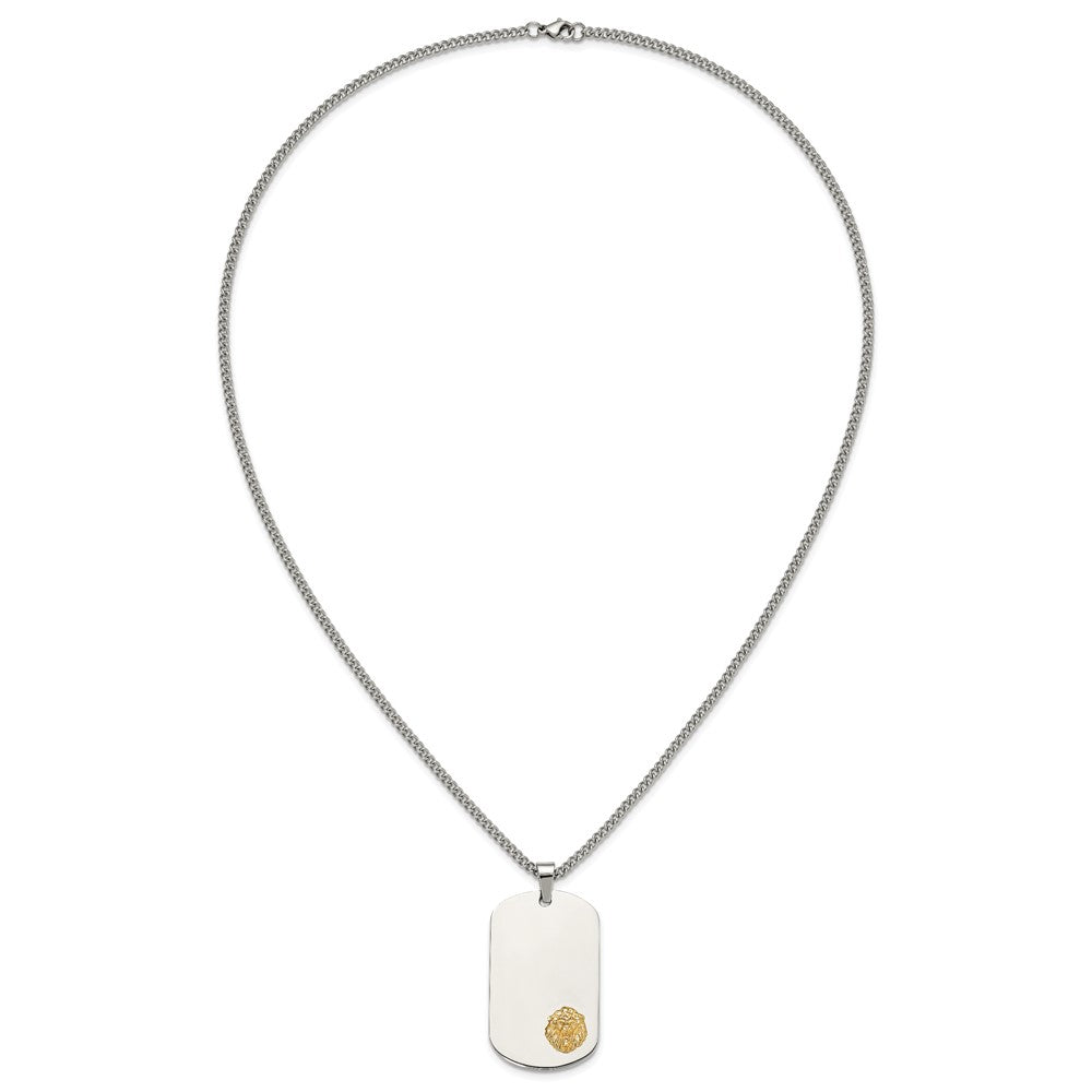 Chisel Stainless Steel Polished with 14K Gold Accent Lion Head Dog Tag on a 24 inch Curb Chain Necklace