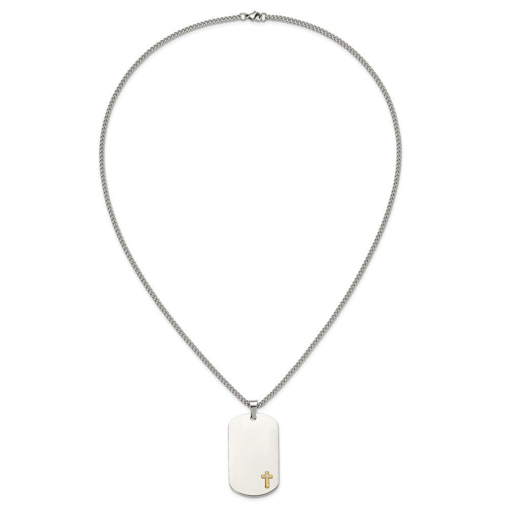 Chisel Stainless Steel Polished with 14K Gold Accent and .02 ct. Diamond Cross Dog Tag on a 24 inch Curb Chain Necklace