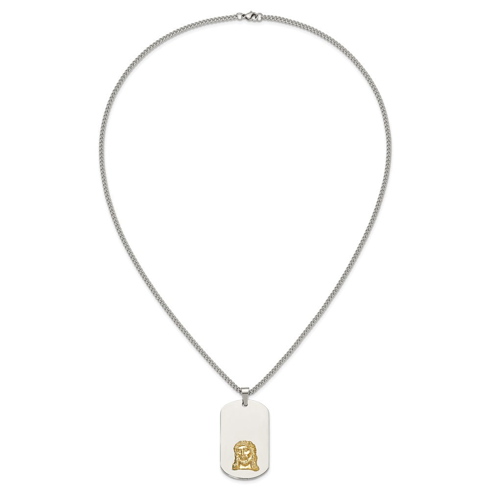 Chisel Stainless Steel Polished with 10K Gold Accent Jesus Face Dog Tag on a 24 inch Curb Chain Necklace