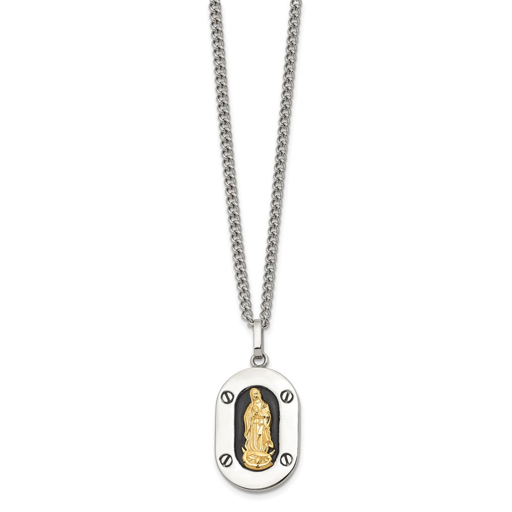 Chisel Stainless Steel Polished with 10K Gold Accent Our of Guadalupe with Black Enamel Pendant on a 24 inch Cable Chain Necklace