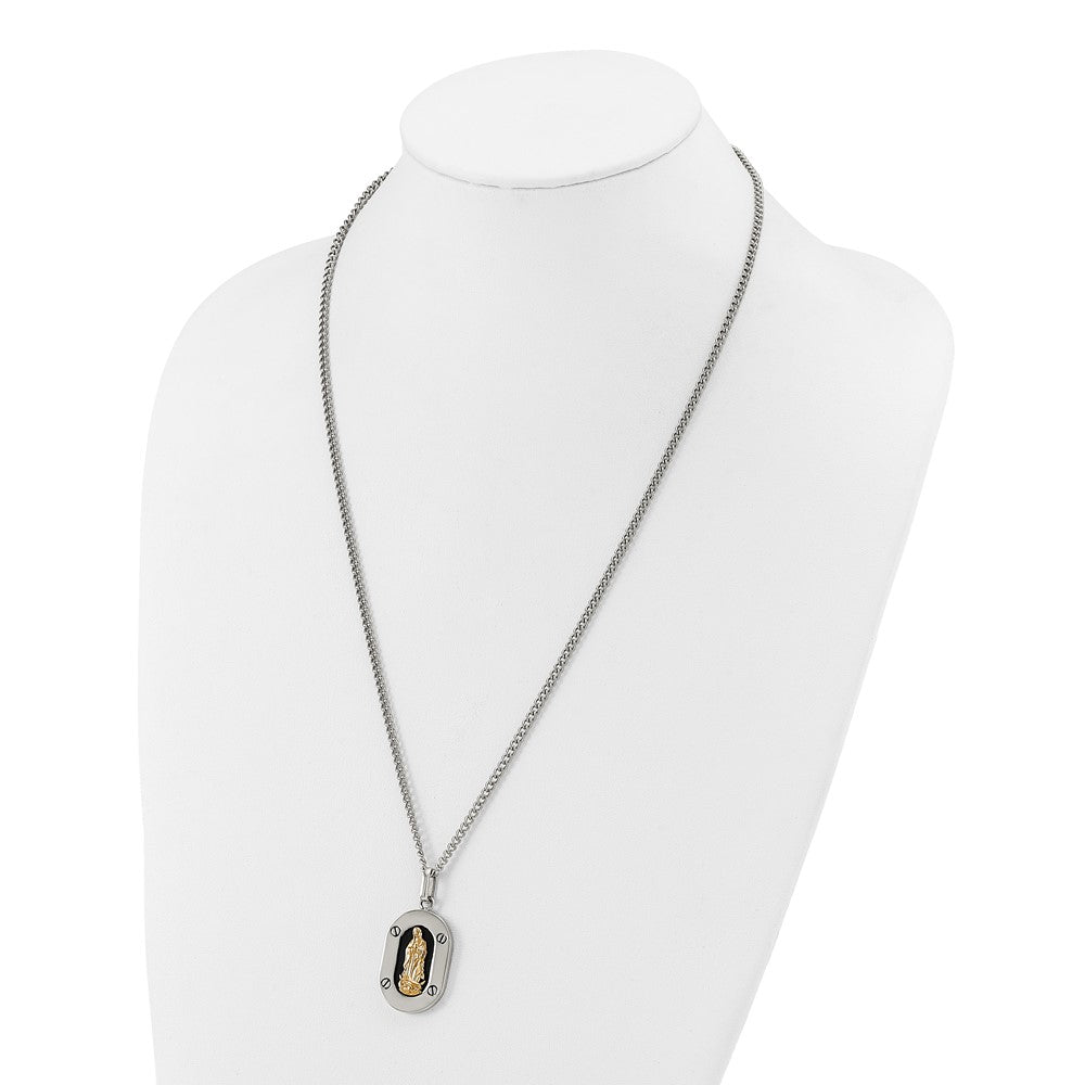 Chisel Stainless Steel Polished with 10K Gold Accent Our of Guadalupe with Black Enamel Pendant on a 24 inch Cable Chain Necklace