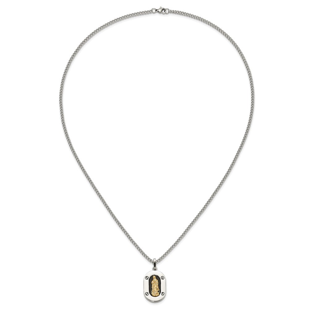 Chisel Stainless Steel Polished with 10K Gold Accent Our of Guadalupe with Black Enamel Pendant on a 24 inch Cable Chain Necklace