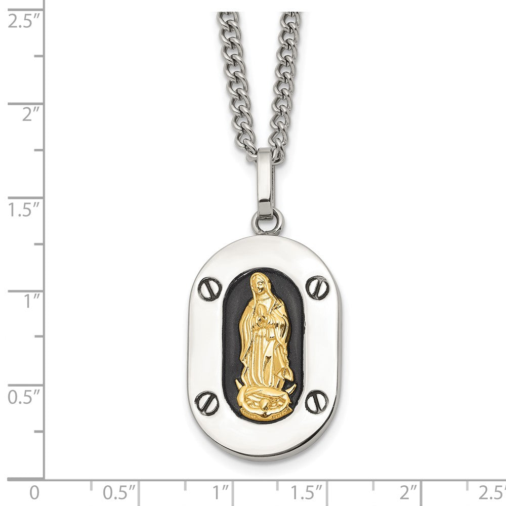 Chisel Stainless Steel Polished with 10K Gold Accent Our of Guadalupe with Black Enamel Pendant on a 24 inch Cable Chain Necklace