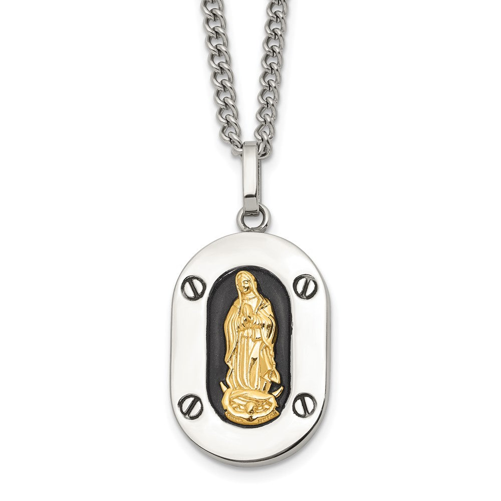 Chisel Stainless Steel Polished with 10K Gold Accent Our of Guadalupe with Black Enamel Pendant on a 24 inch Cable Chain Necklace