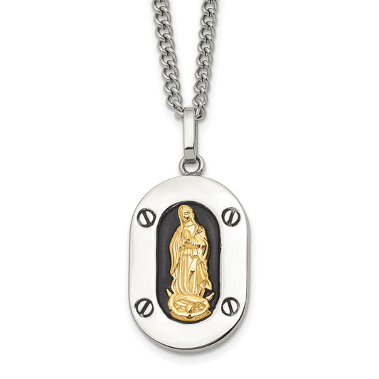 Chisel Stainless Steel Polished with 10K Gold Accent Our of Guadalupe with Black Enamel Pendant on a 24 inch Cable Chain Necklace