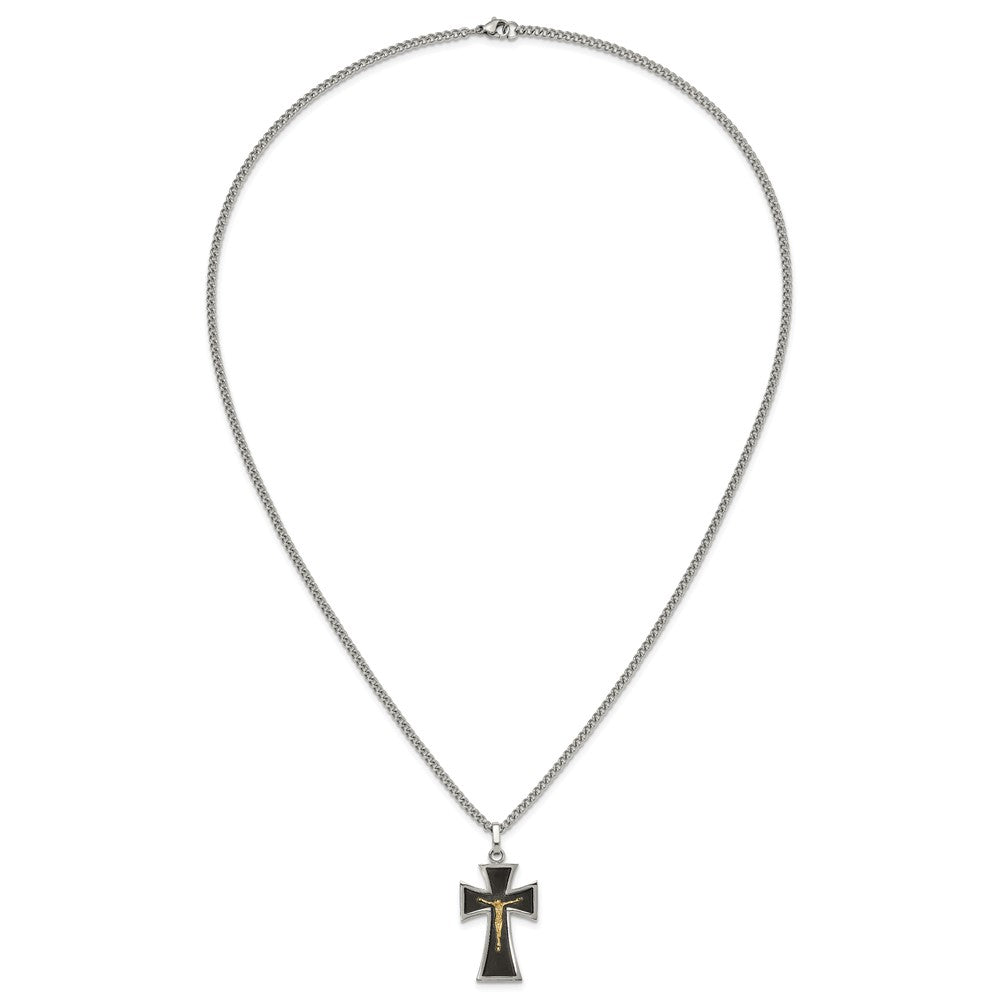 Chisel Stainless Steel Polished with 14K Gold Accent with Black Enamel Crucifix Pendant on a 24 inch Curb Chain Necklace