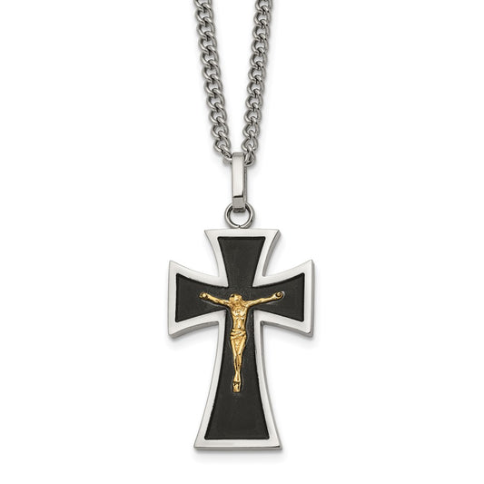 Chisel Stainless Steel Polished with 14K Gold Accent with Black Enamel Crucifix Pendant on a 24 inch Curb Chain Necklace