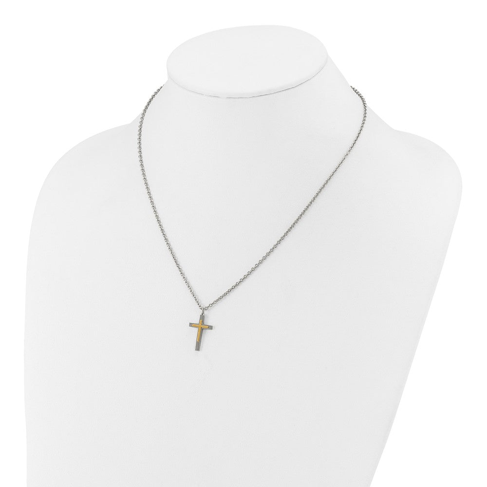 Chisel Stainless Steel Polished with 14K Gold Accent Small Cross Pendant on an 18 inch Cable Chain Necklace