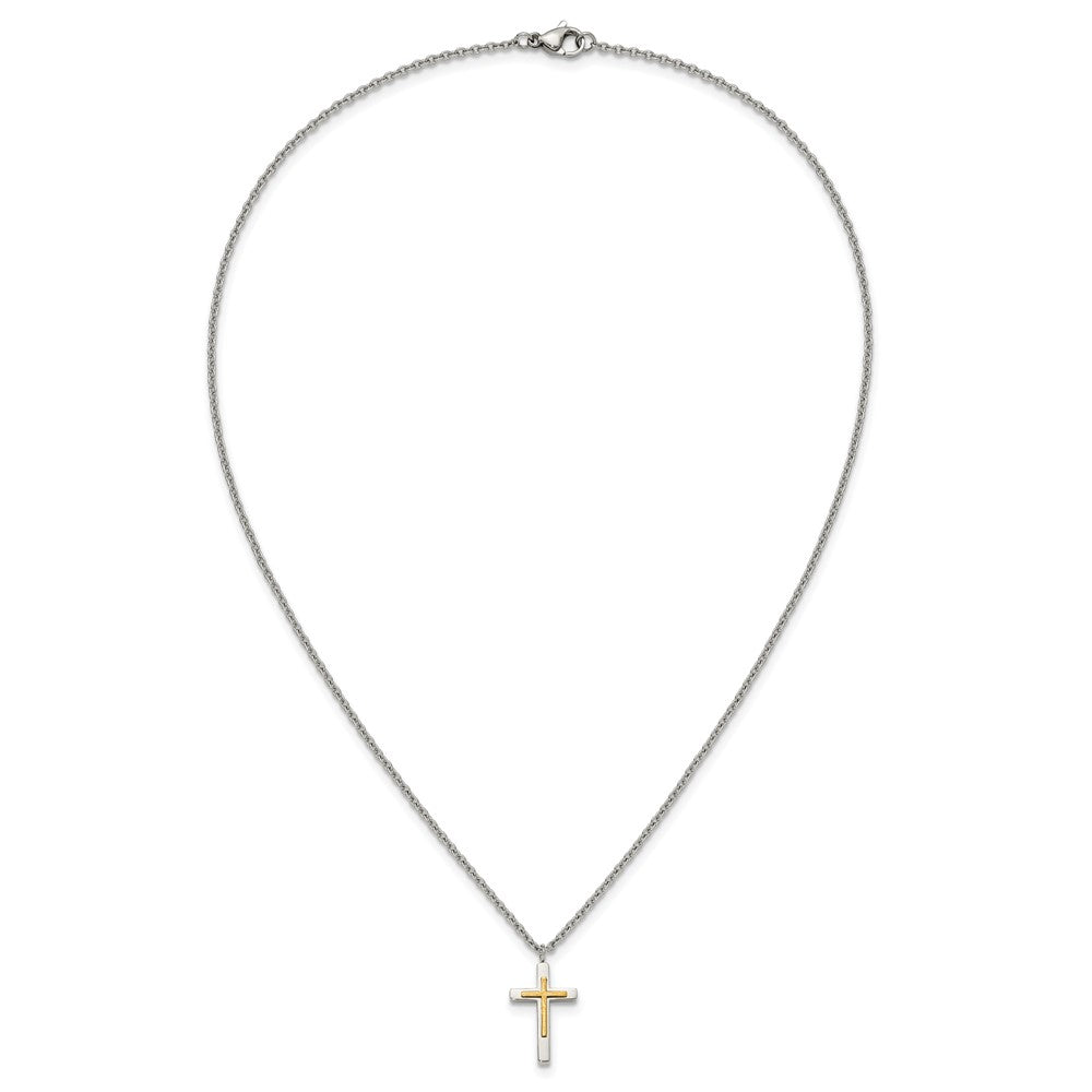 Chisel Stainless Steel Polished with 14K Gold Accent Small Cross Pendant on an 18 inch Cable Chain Necklace