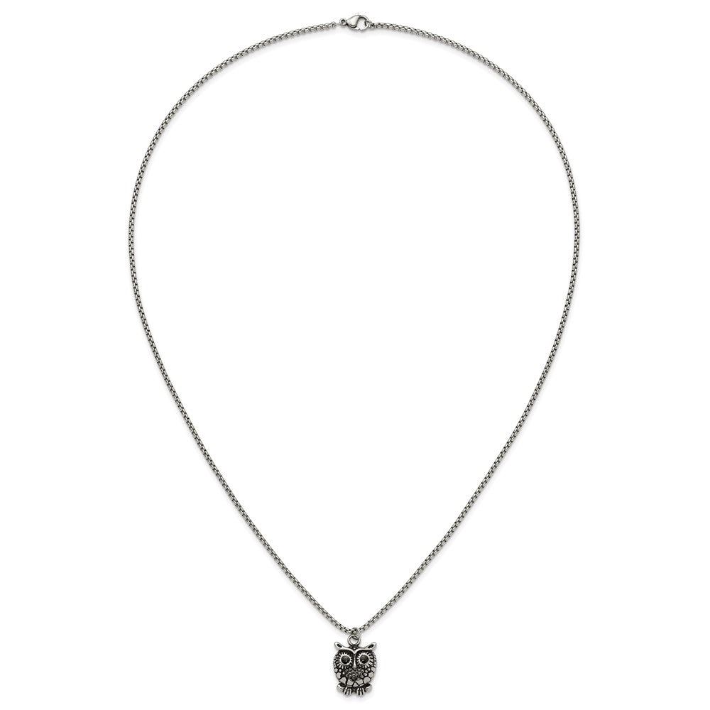 Chisel Stainless Steel Polished Black Enameled Owl Pendant on a 24 inch Box Chain Necklace