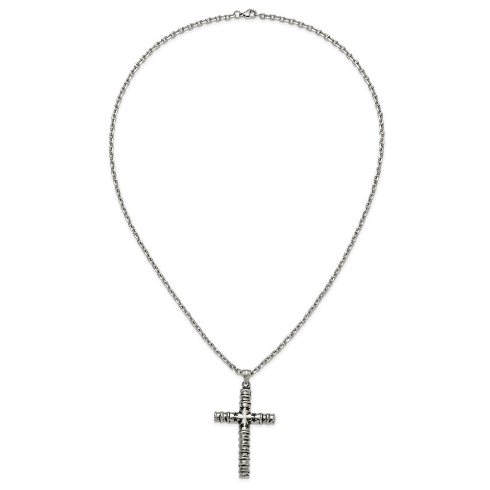Chisel Stainless Steel Antiqued and Polished Cross with Stars Pendant on a 24 inch Cable Chain Necklace