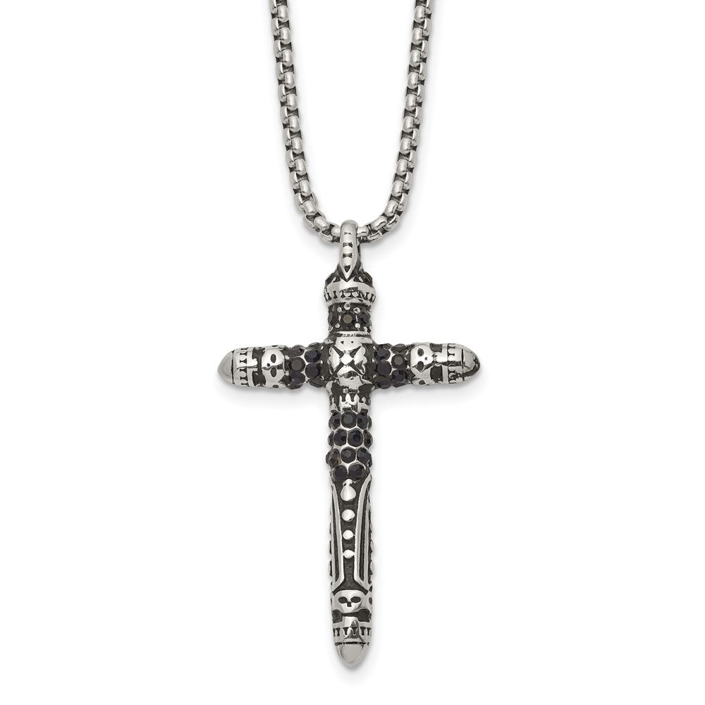 Chisel Stainless Steel Antiqued and Polished with Black Crystal Small Cross Pendant on a 24 inch Box Chain Necklace