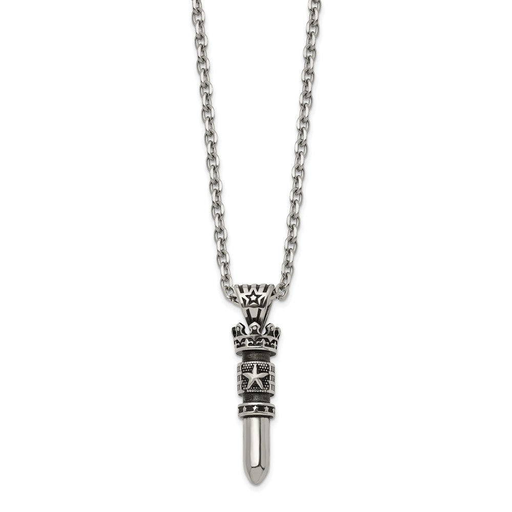 Chisel Stainless Steel Antiqued and Polished Bullet with Crown Pendant on a 24 inch Cable Chain Necklace