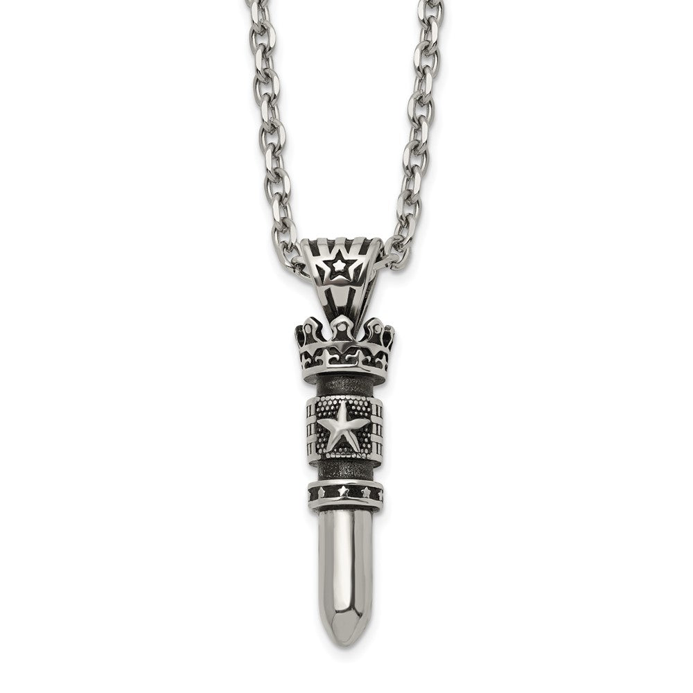 Chisel Stainless Steel Antiqued and Polished Bullet with Crown Pendant on a 24 inch Cable Chain Necklace