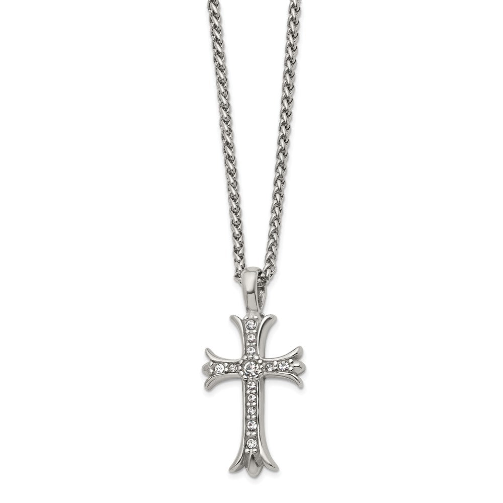 Chisel Stainless Steel Polished with CZ Fancy Cross Pendant on a 24 inch Wheat Chain Necklace