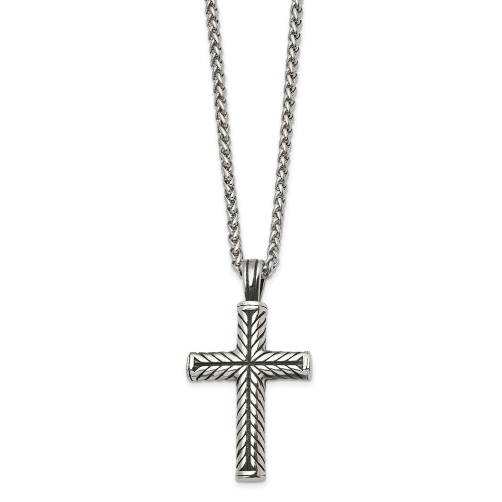 Chisel Stainless Steel Antiqued and Polished Cross Pendant on a 24 inch Wheat Chain Necklace