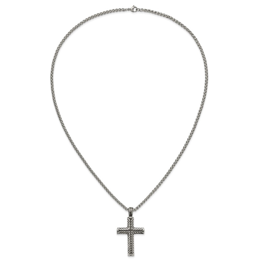 Chisel Stainless Steel Antiqued and Polished Cross Pendant on a 24 inch Wheat Chain Necklace