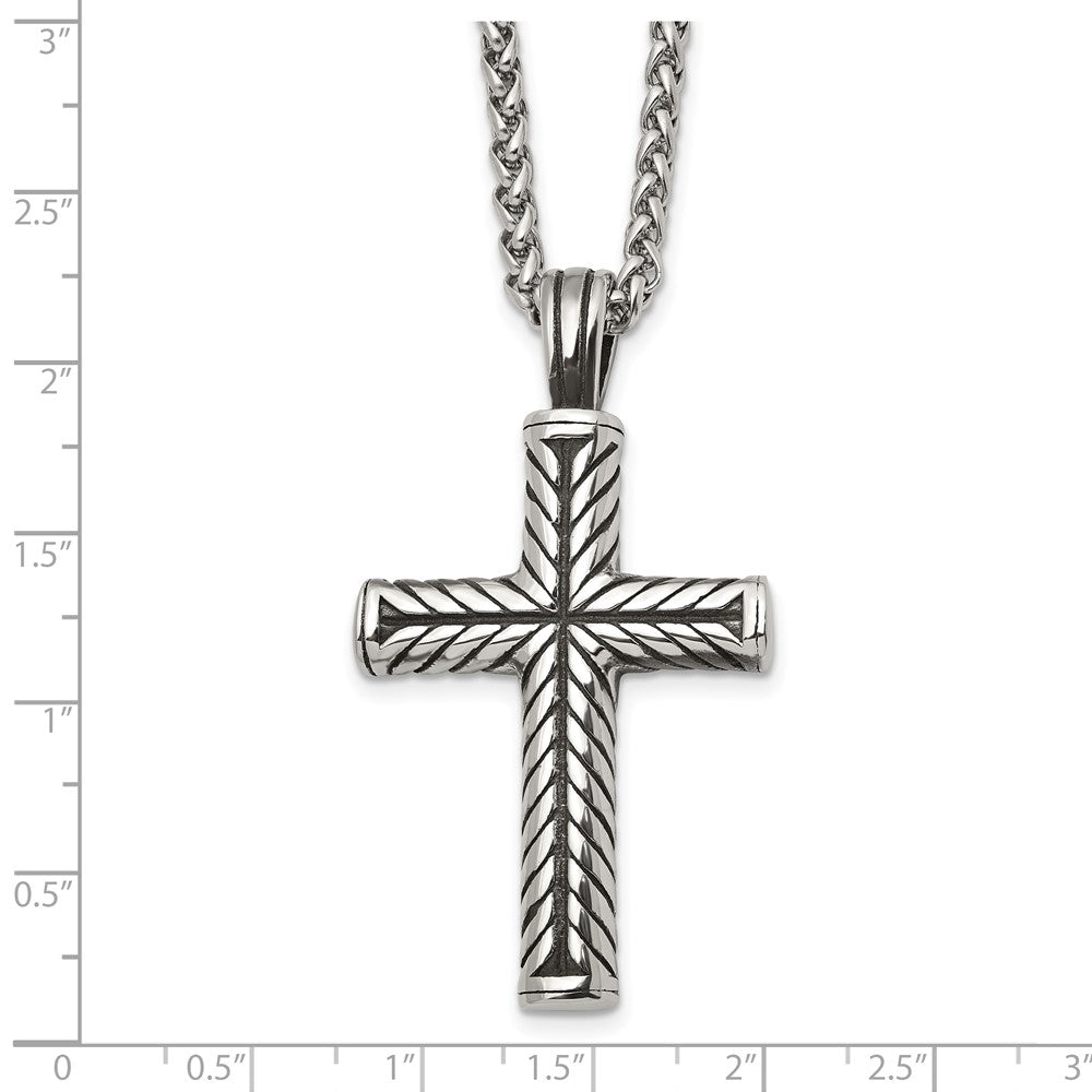 Chisel Stainless Steel Antiqued and Polished Cross Pendant on a 24 inch Wheat Chain Necklace