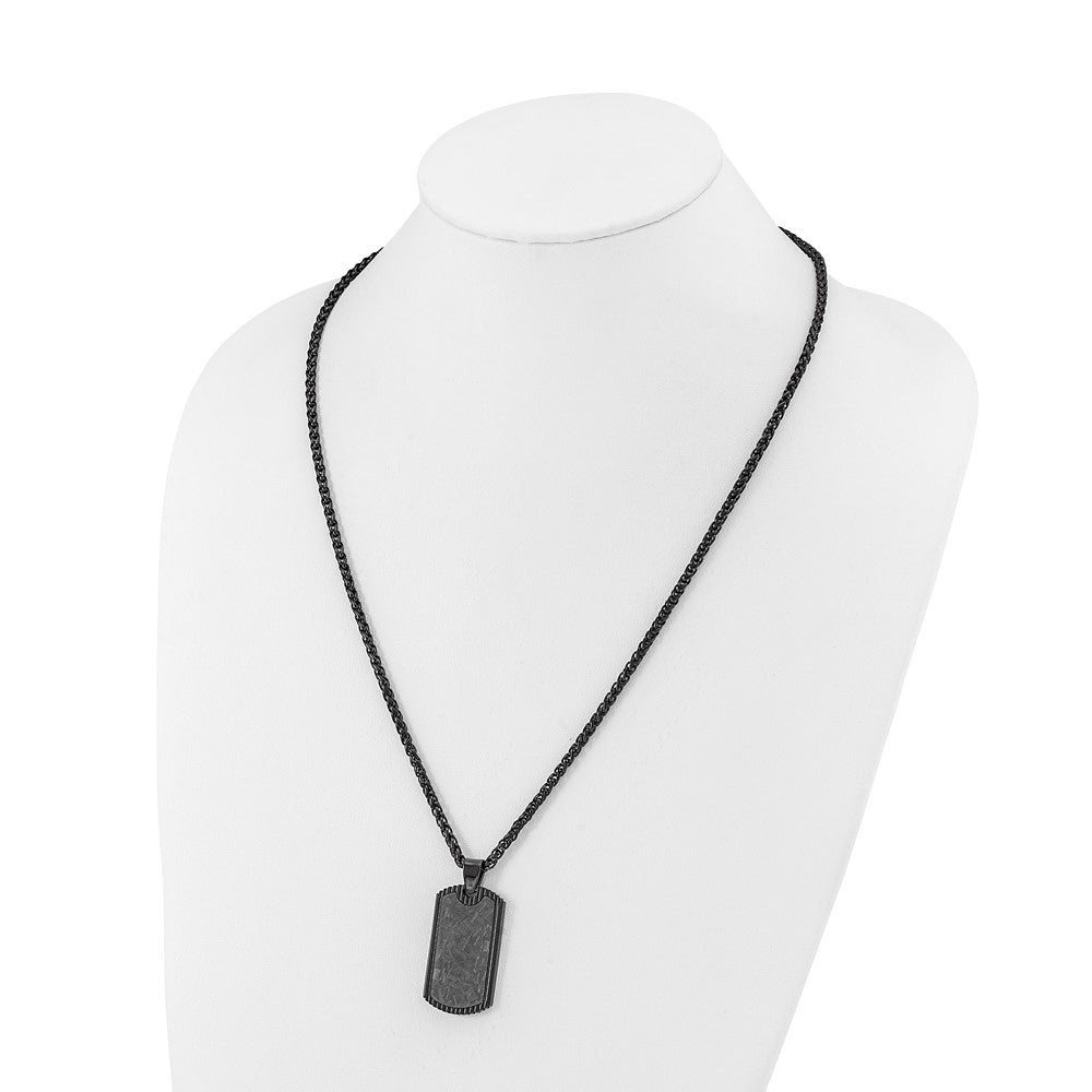 Chisel Stainless Steel Polished Black IP-plated with Black Carbon Fiber Inlay Dog Tag on a 24 inch Wheat Chain Necklace