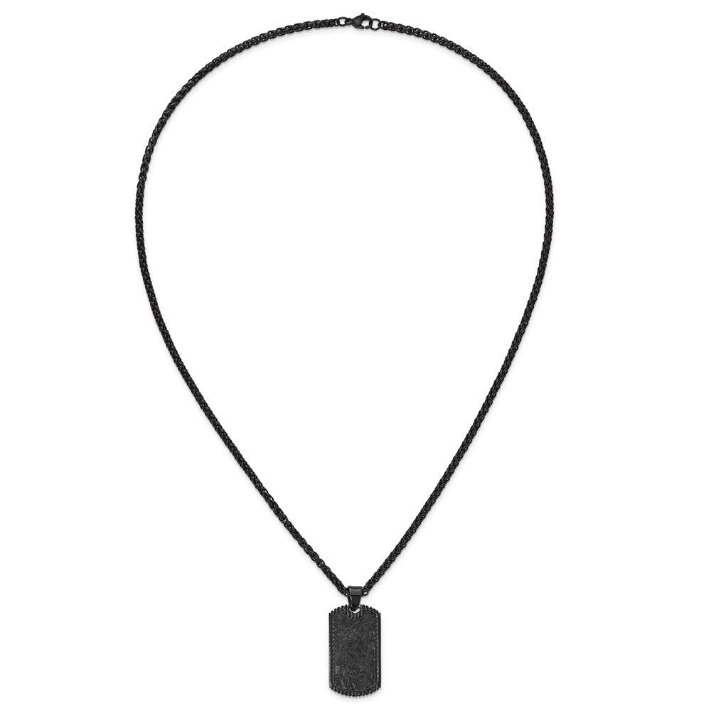 Chisel Stainless Steel Polished Black IP-plated with Black Carbon Fiber Inlay Dog Tag on a 24 inch Wheat Chain Necklace