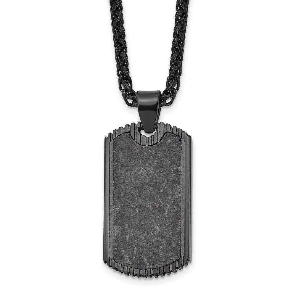 Chisel Stainless Steel Polished Black IP-plated with Black Carbon Fiber Inlay Dog Tag on a 24 inch Wheat Chain Necklace