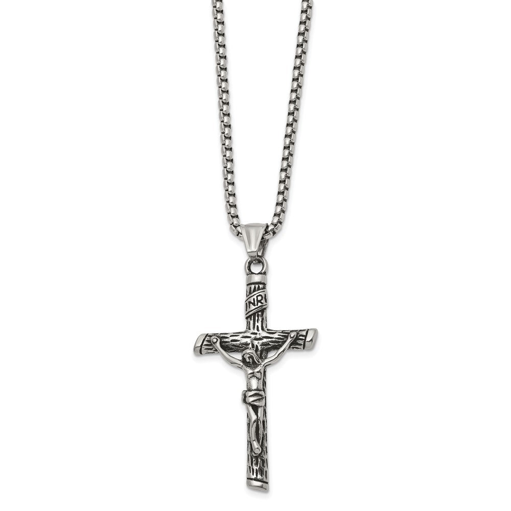 Chisel Stainless Steel Antiqued and Polished INRI Crucifix Pendant on a 22 inch Box Chain Necklace