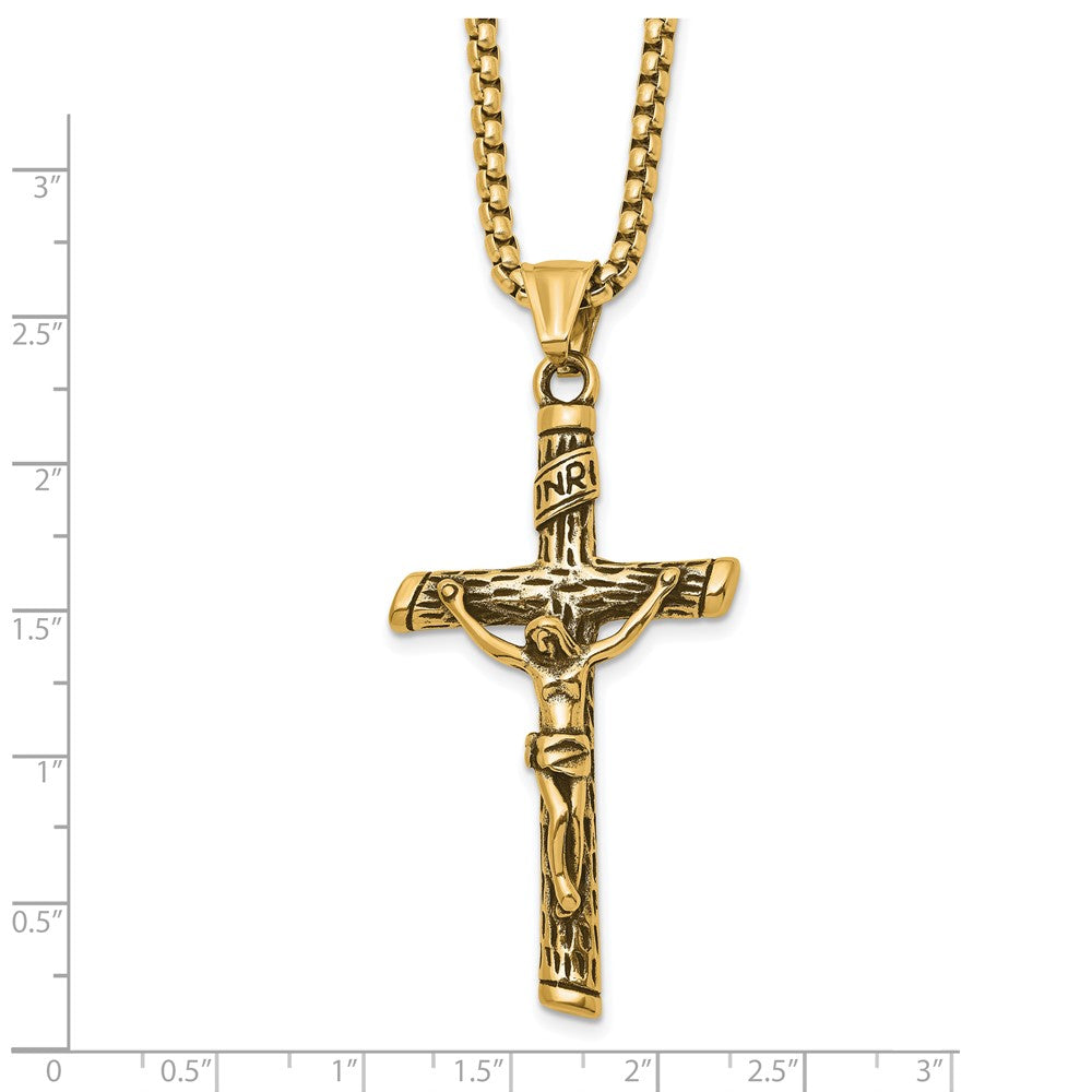 Chisel Stainless Steel Antiqued and Polished Yellow IP-plated INRI Crucifix Pendant on a 22 inch Box Chain Necklace