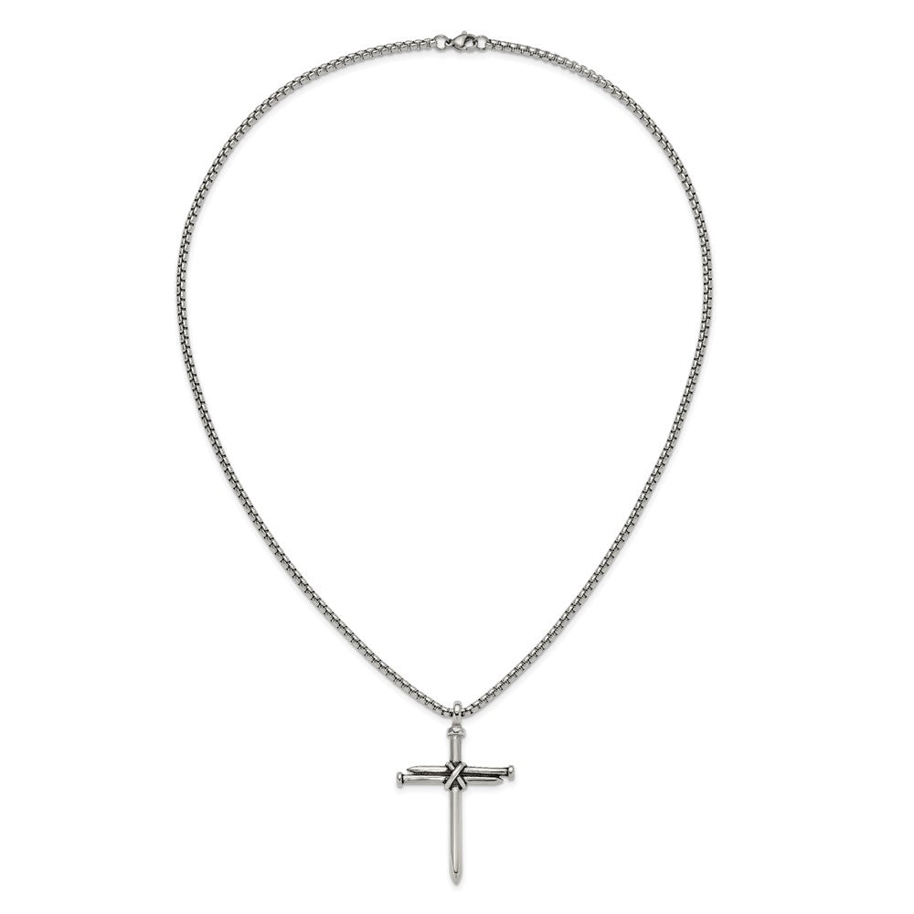 Chisel Stainless Steel Polished Antiqued and Polished Cross of Nails Pendant on a 22 inch Box Chain Necklace