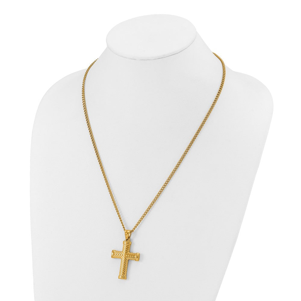 Chisel Stainless Steel Polished Yellow IP-plated Cross Pendant on a 22 inch Plus a 2 inch Curb Chain Necklace