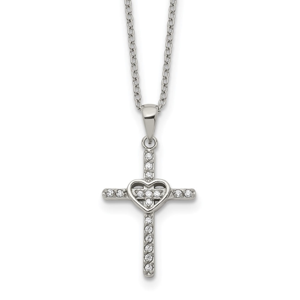 Stainless Steel Polished with CZ Cross with Heart Pendant on an 18 inch Plus 2 inch Extension Cable Chain Necklace