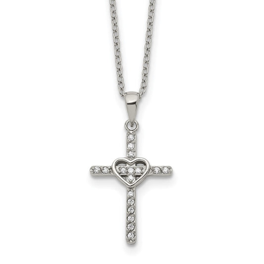Stainless Steel Polished with CZ Cross with Heart Pendant on an 18 inch Plus 2 inch Extension Cable Chain Necklace