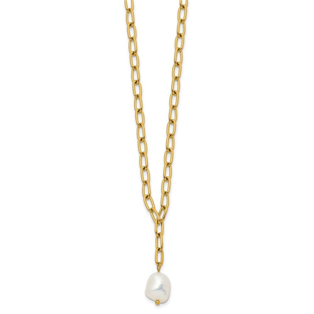 Chisel Stainless Steel Polished Yellow IP-plated Freshwater Cultured Pearl Dangle on an 18 inch Plus 2 inch Extension Open Link Chain Necklace