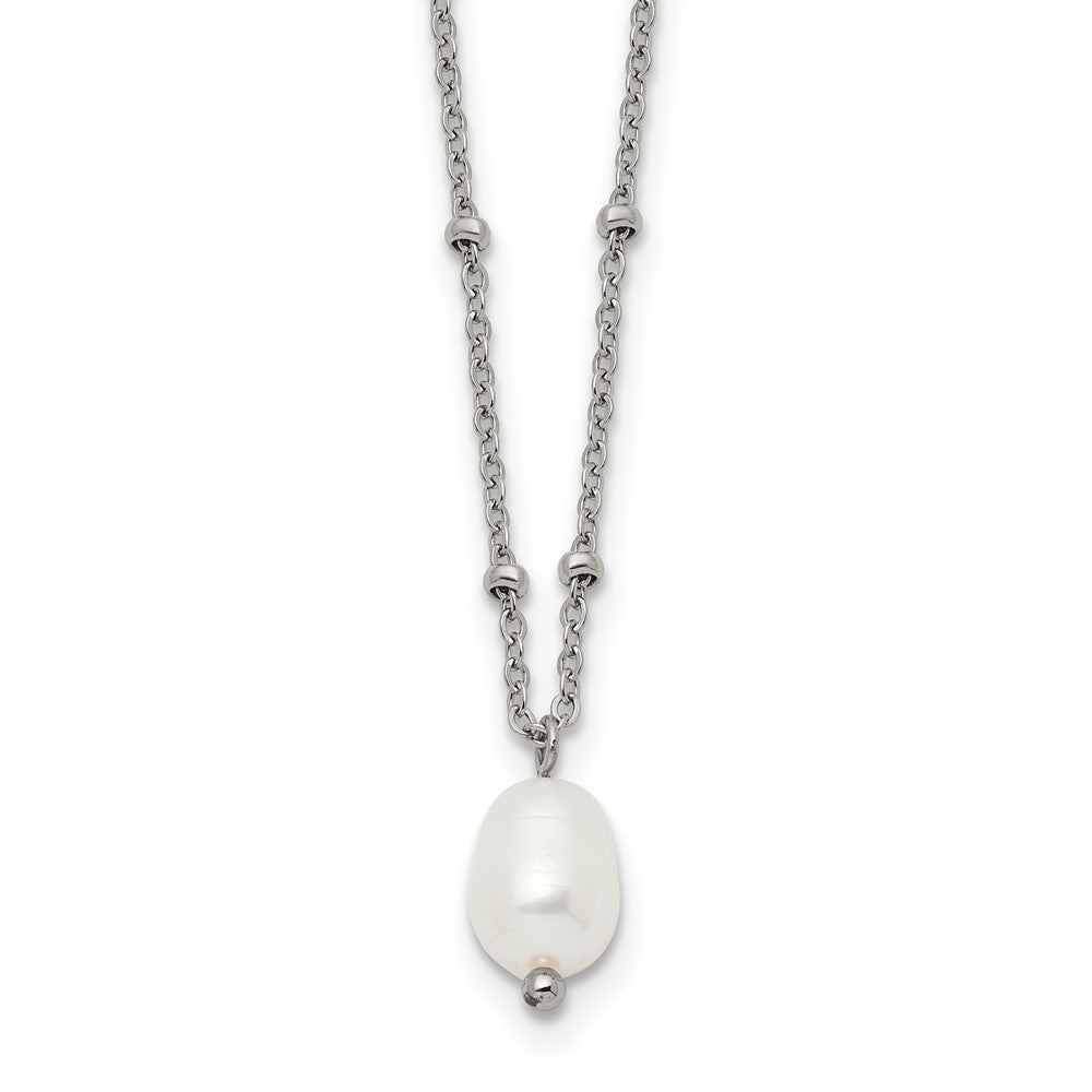 Chisel Stainless Steel Polished Imitation Pearl on a Beaded 16 inch Plus 2 inch Extension Cable Chain Necklace