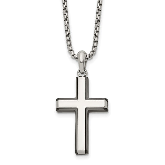 Chisel Stainless Steel Polished Black IP-plated Edges Cross Pendant on a 20 inch Box Chain Necklace