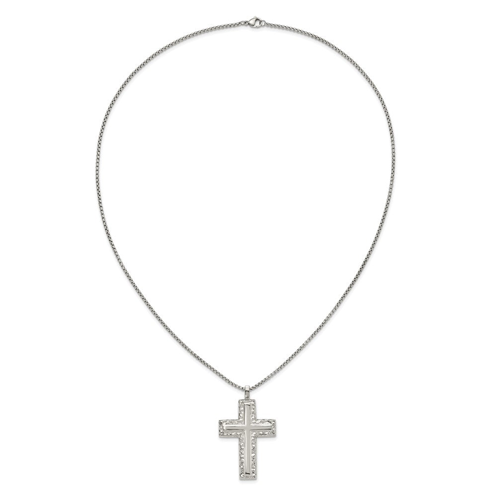 Chisel Stainless Steel Polished and Textured Cross Pendant on a 24 inch Box Chain Necklace