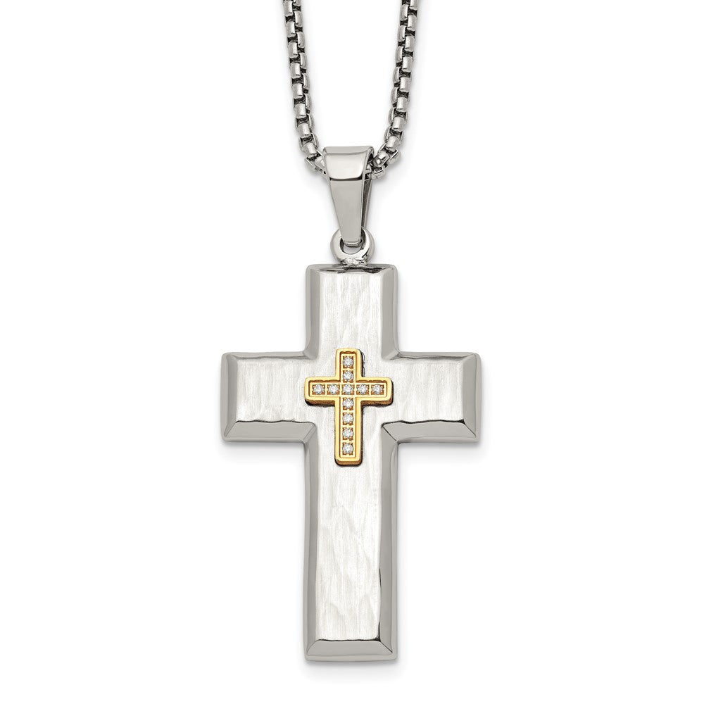 Chisel Stainless Steel Brushed Polished and Hammered Yellow IP-plated with CZ Cross Pendant on a 24 inch Box Chain Necklace