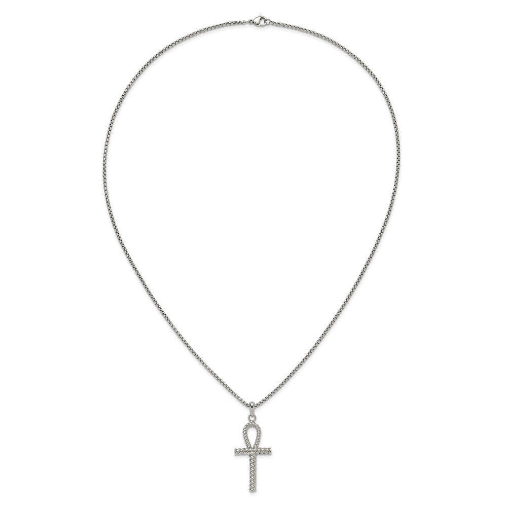 Chisel Stainless Steel Polished and Textured Ankh Cross Pendant on a 24 inch Box Chain Necklace