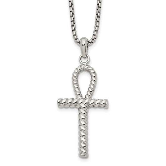 Chisel Stainless Steel Polished and Textured Ankh Cross Pendant on a 24 inch Box Chain Necklace