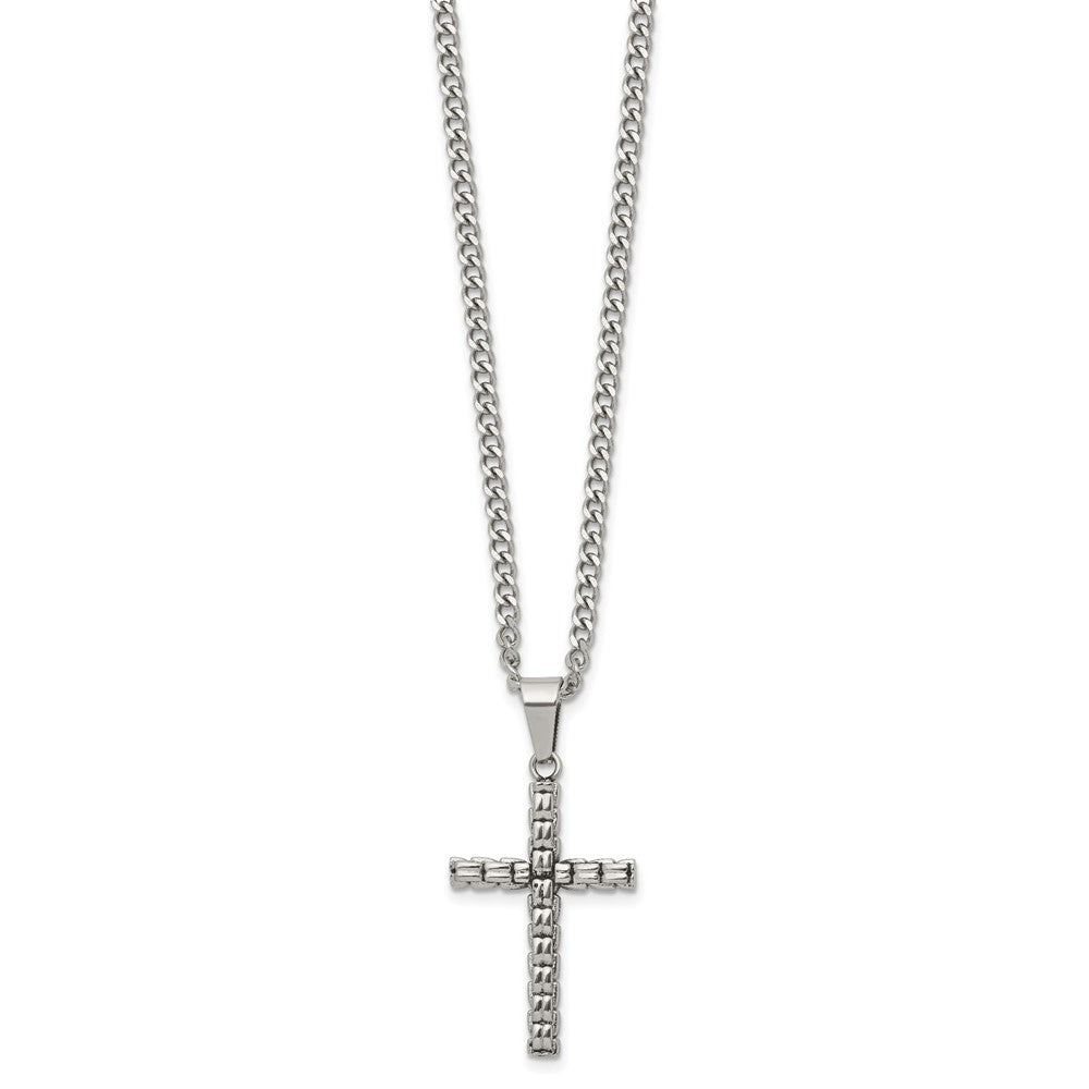 Chisel Stainless Steel Polished Woven Cross Pendant on a 22 inch Curb Chain Necklace