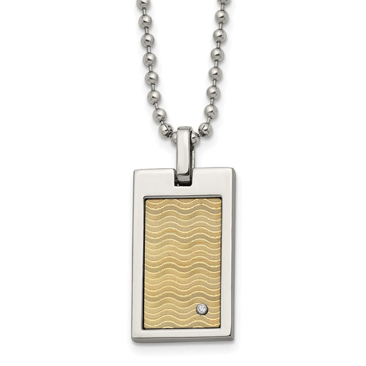 Chisel Stainless Steel Brushed and Polished with 18k Gold Accent .01carat Diamond Pendant on a 24 inch Ball Chain Necklace