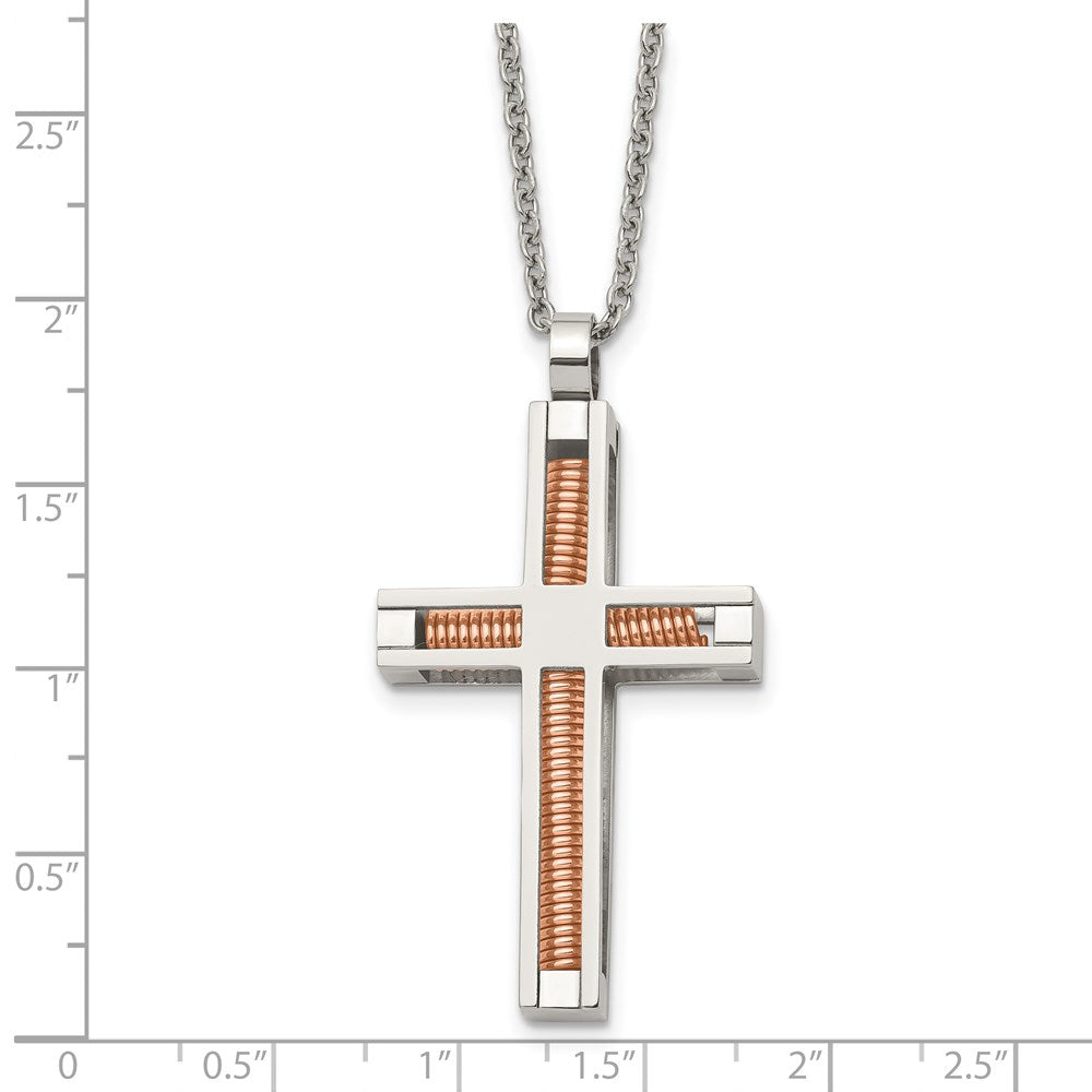 Chisel Stainless Steel Polished Rose IP-plated Cross Pendant on a 22 inch Cable Chain Necklace