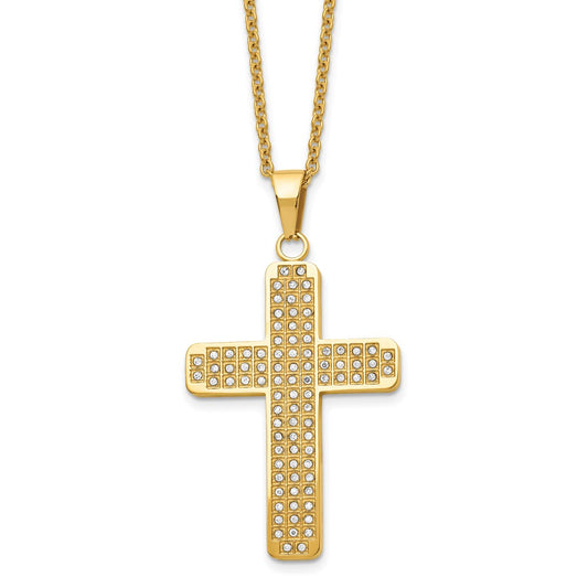 Chisel Stainless Steel Polished Yellow IP-plated with CZ Cross Pendant on a 22 inch Cable Chain Necklace