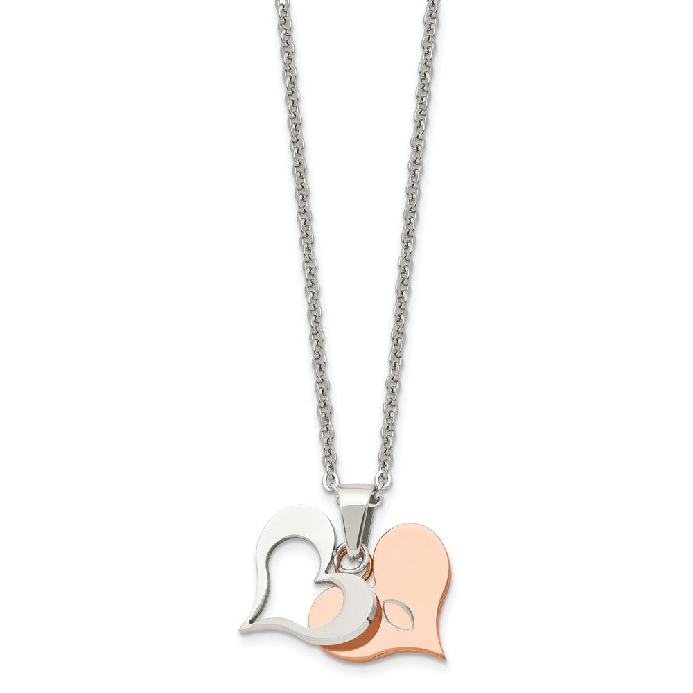 Chisel Stainless Steel Polished Rose IP-plated 2 Piece Heart Pendant on a 22 inch Cable Chain Necklace