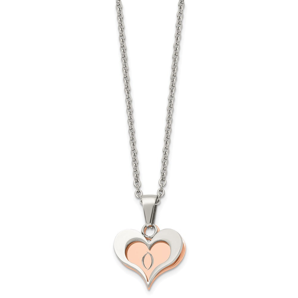 Chisel Stainless Steel Polished Rose IP-plated 2 Piece Heart Pendant on a 22 inch Cable Chain Necklace