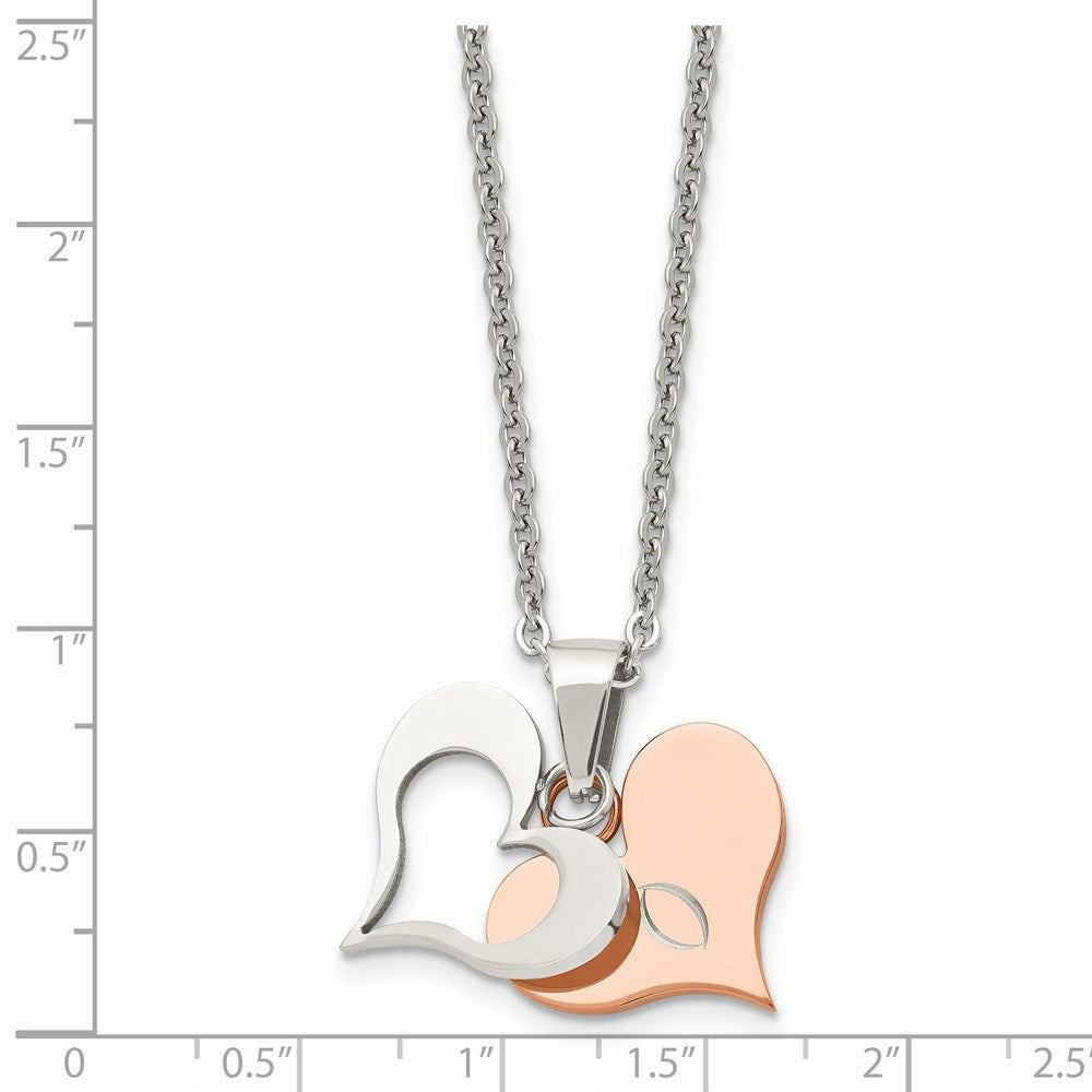 Chisel Stainless Steel Polished Rose IP-plated 2 Piece Heart Pendant on a 22 inch Cable Chain Necklace